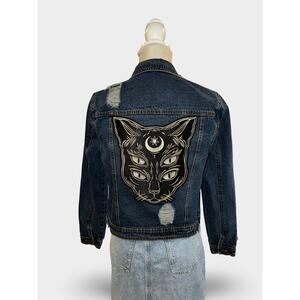Women’s Cat Embellished Distressed Denim Jacket Whimsygoth Statement Size M